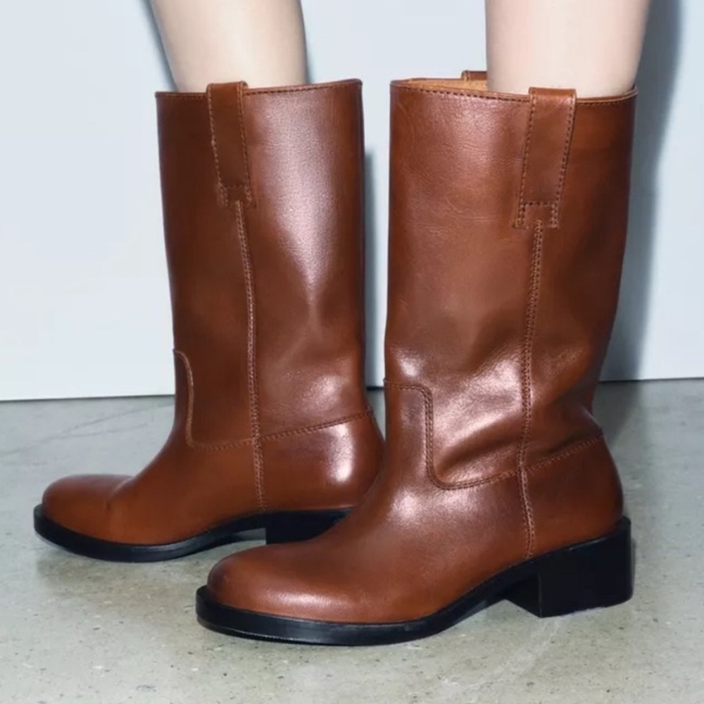 NWOT Zara Cognac Leather Boots